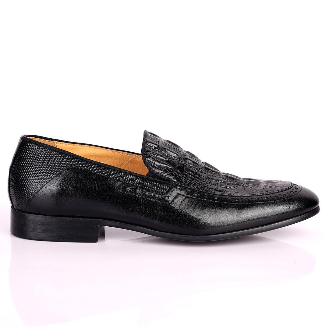 Berlut Croc And SIde Perforated Exquisite Designed Shoe - Black - Obeezi.com