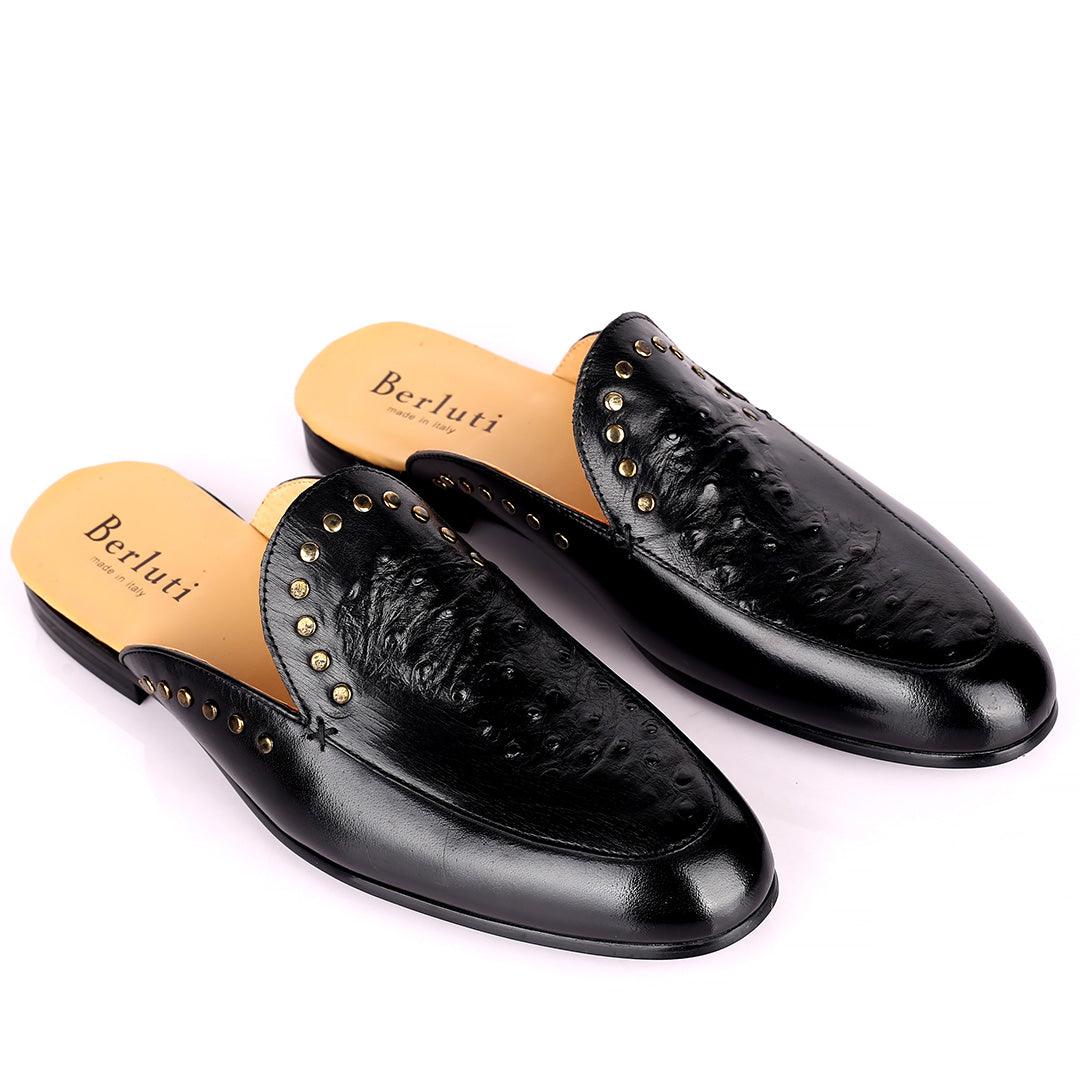 Berlut Elegant Gold Dotted Designed Black Half Leather Shoe - Obeezi.com