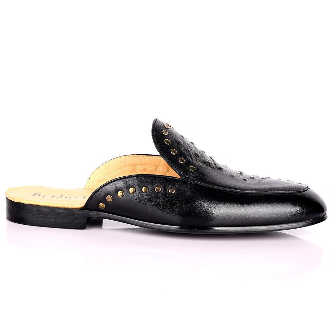 Berlut Elegant Gold Dotted Designed Black Half Leather Shoe - Obeezi.com