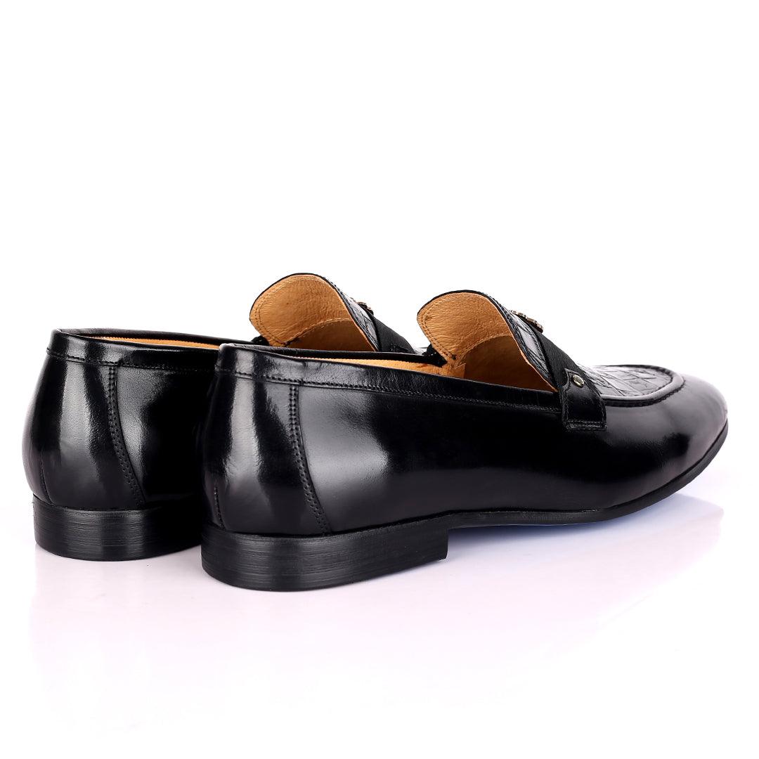 Billion Exquisite Half Croc And Belted Logo Designed Leather Shoe - Black - Obeezi.com