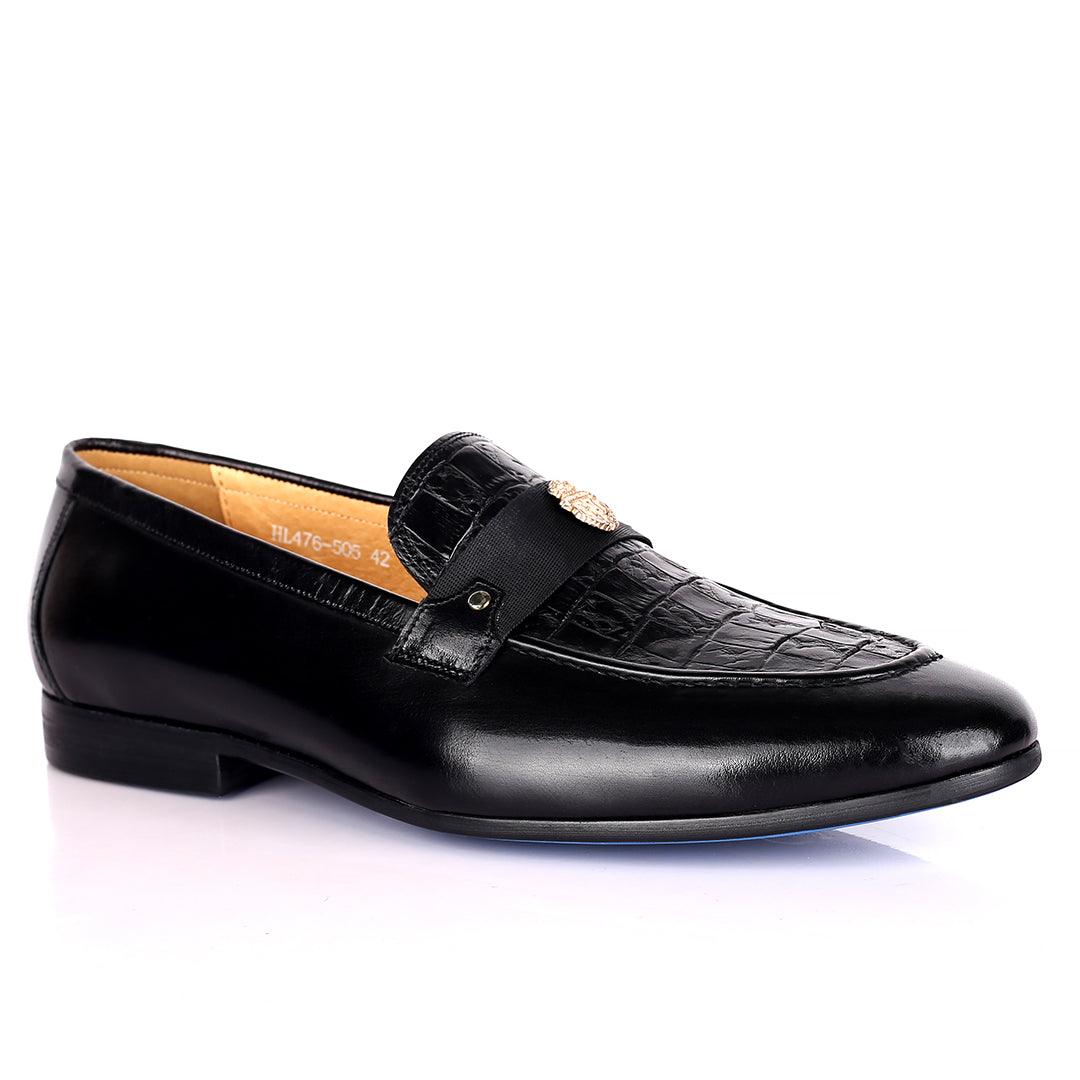 Billion Exquisite Half Croc And Belted Logo Designed Leather Shoe - Black - Obeezi.com
