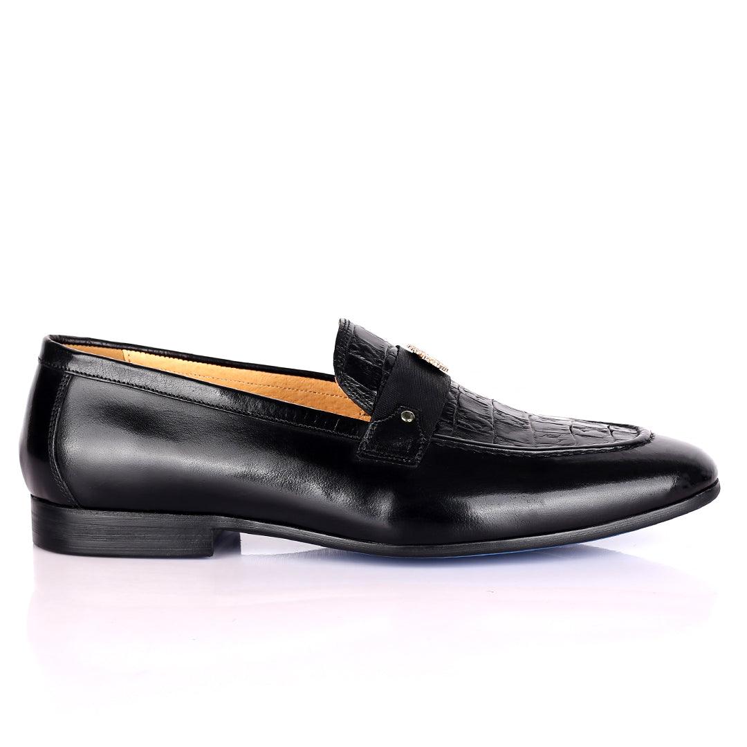 Billion Exquisite Half Croc And Belted Logo Designed Leather Shoe - Black - Obeezi.com