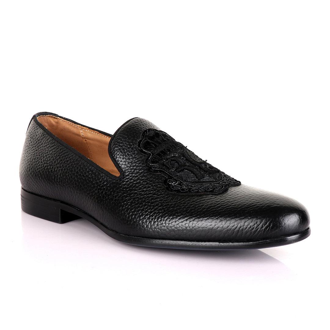 Billionaire Black Leather Loafers With Crested Logo-Black - Obeezi
