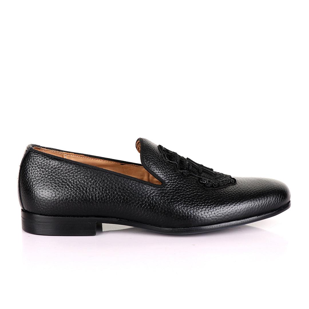 Billionaire Black Leather Loafers With Crested Logo-Black - Obeezi