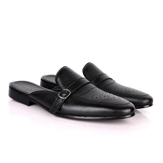 BILLIONAIRE CLASSIC BELT DESIGN BLACK LEATHER HALF SHOE - Obeezi