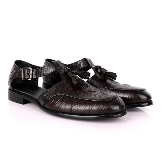 Billionaire Classic Croc Tassel Coffee Leather Sandal Shoe - Obeezi