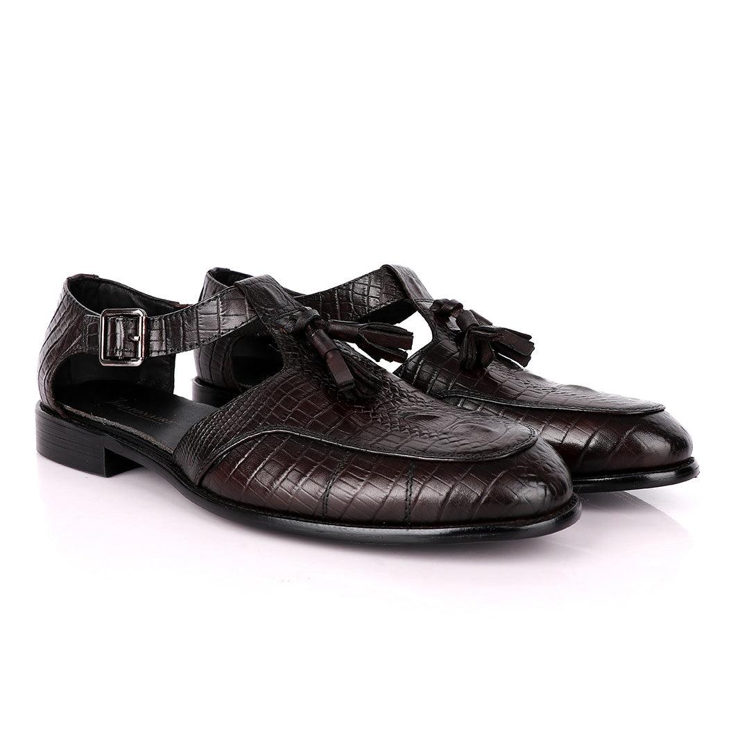 Billionaire Classic Croc Tassel Coffee Leather Sandal Shoe - Obeezi