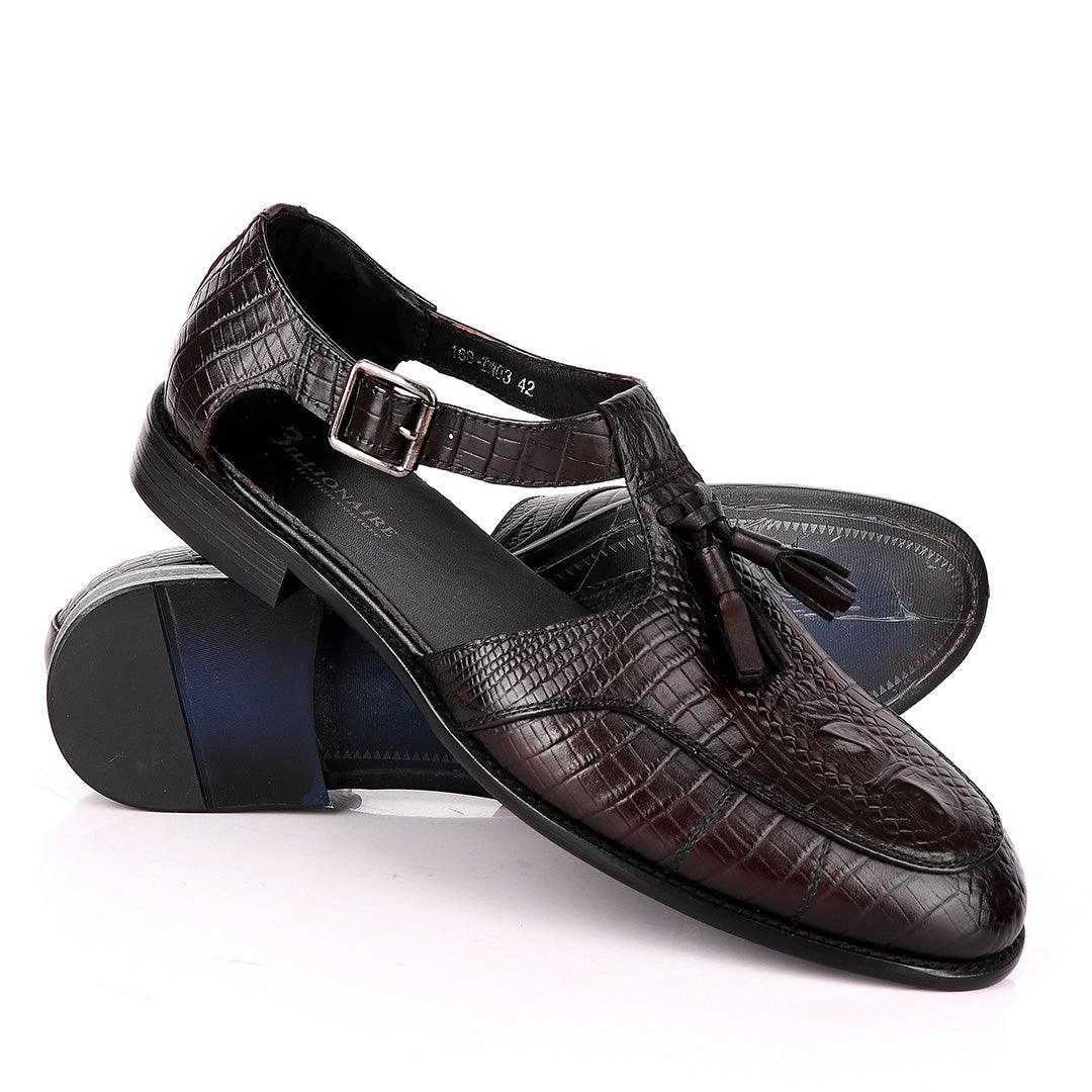 Billionaire Classic Croc Tassel Coffee Leather Sandal Shoe - Obeezi