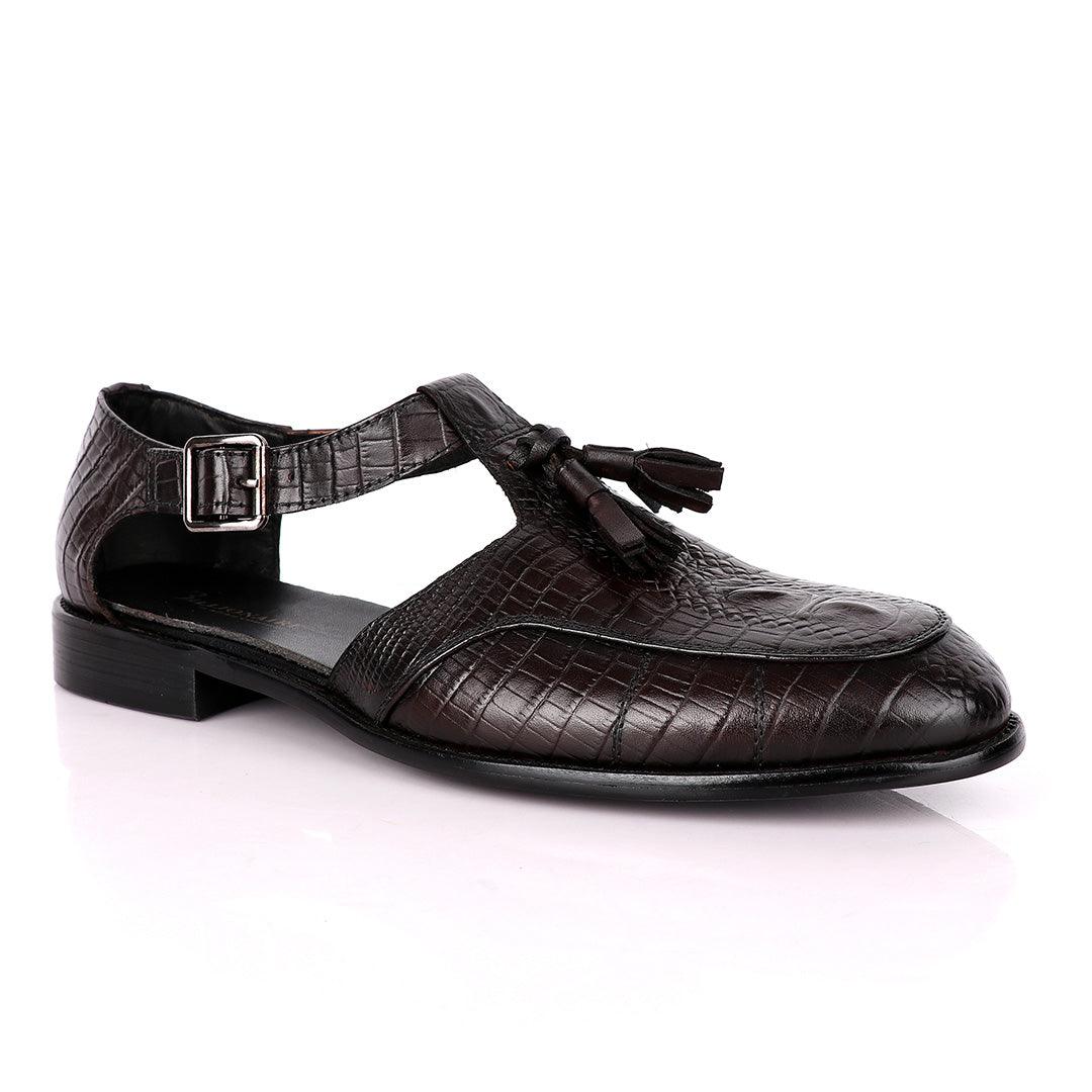 Billionaire Classic Croc Tassel Coffee Leather Sandal Shoe - Obeezi