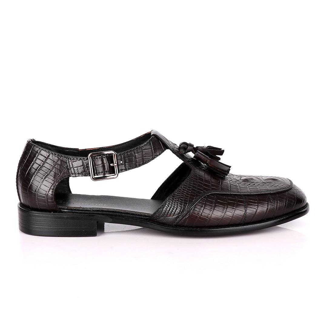 Billionaire Classic Croc Tassel Coffee Leather Sandal Shoe - Obeezi