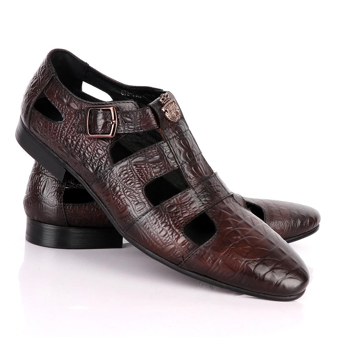 Billionaire Couture Croc Design Coffee Leather Shoe - Obeezi
