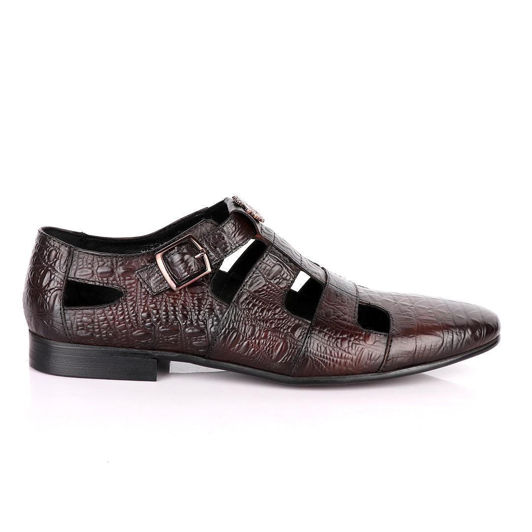 Billionaire Couture Croc Design Coffee Leather Shoe - Obeezi