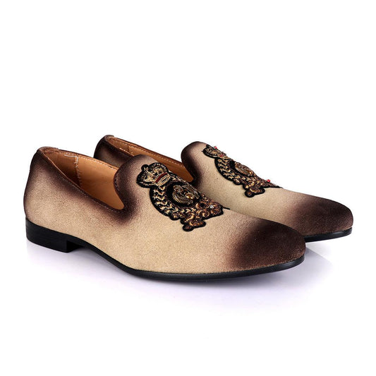 Billionaire Couture Men's Apricot Suede Loafers Shoe with Crown Logo Embroidery - Obeezi