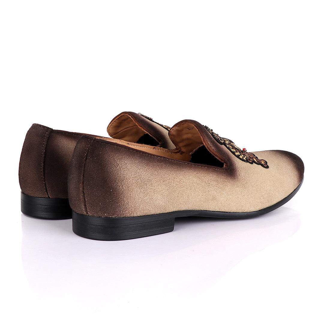Billionaire Couture Men's Apricot Suede Loafers Shoe with Crown Logo Embroidery - Obeezi