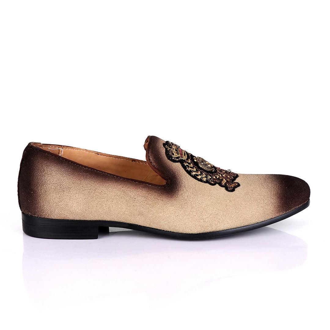 Billionaire Couture Men's Apricot Suede Loafers Shoe with Crown Logo Embroidery - Obeezi