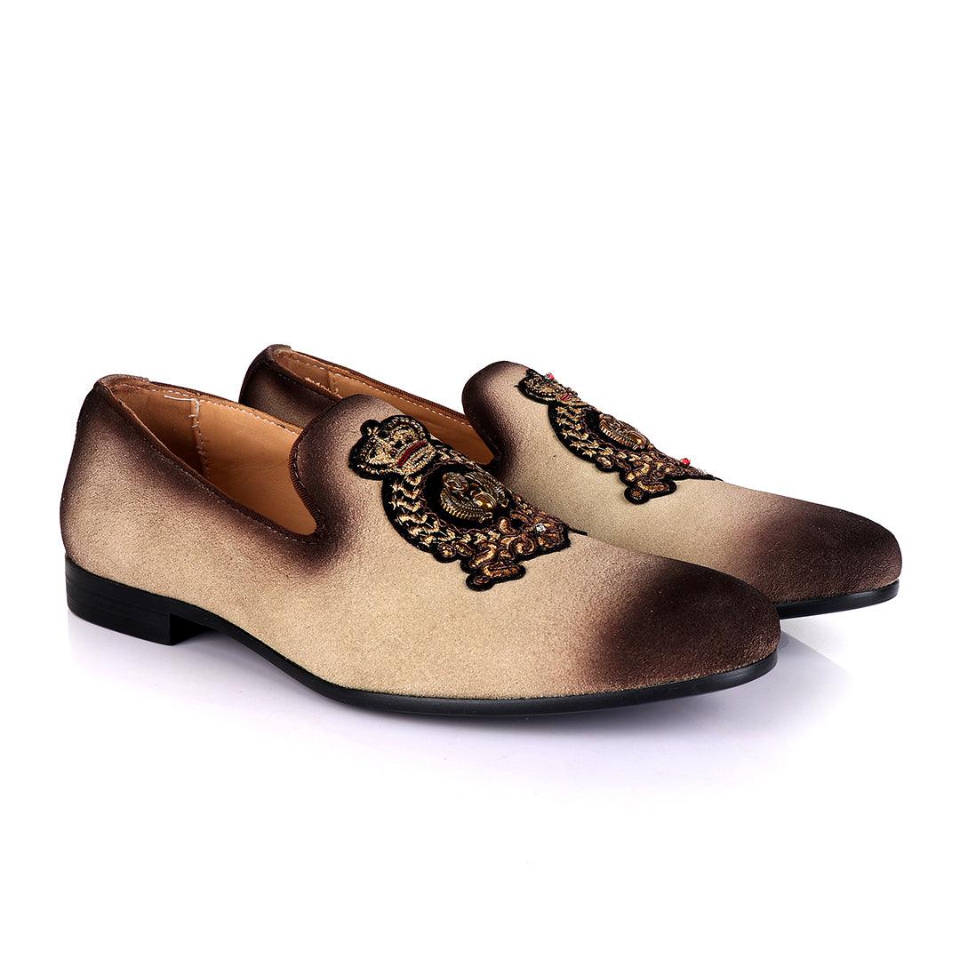 Billionaire Couture Men's Apricot Suede Loafers Shoe with Crown Logo Embroidery - Obeezi