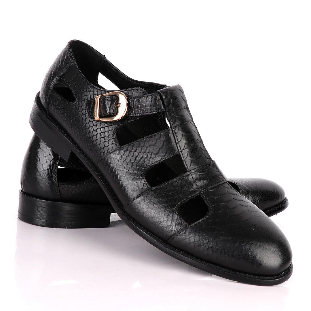 Billionaire Couture Open Design Black Leather Shoe - Obeezi