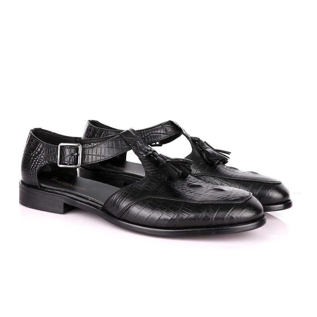 Billionaire Exotic Black Croc with Tassel Cover Leather Sandal - Obeezi