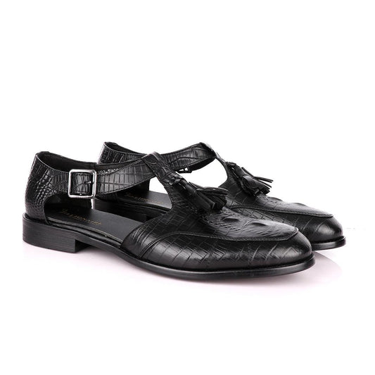 Billionaire Exotic Black Croc with Tassel Cover Leather Sandal - Obeezi
