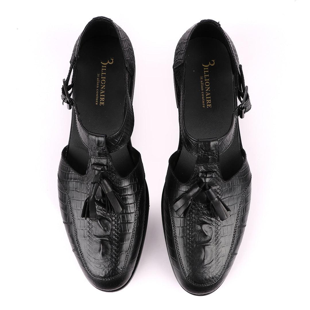 Billionaire Exotic Black Croc with Tassel Cover Leather Sandal - Obeezi