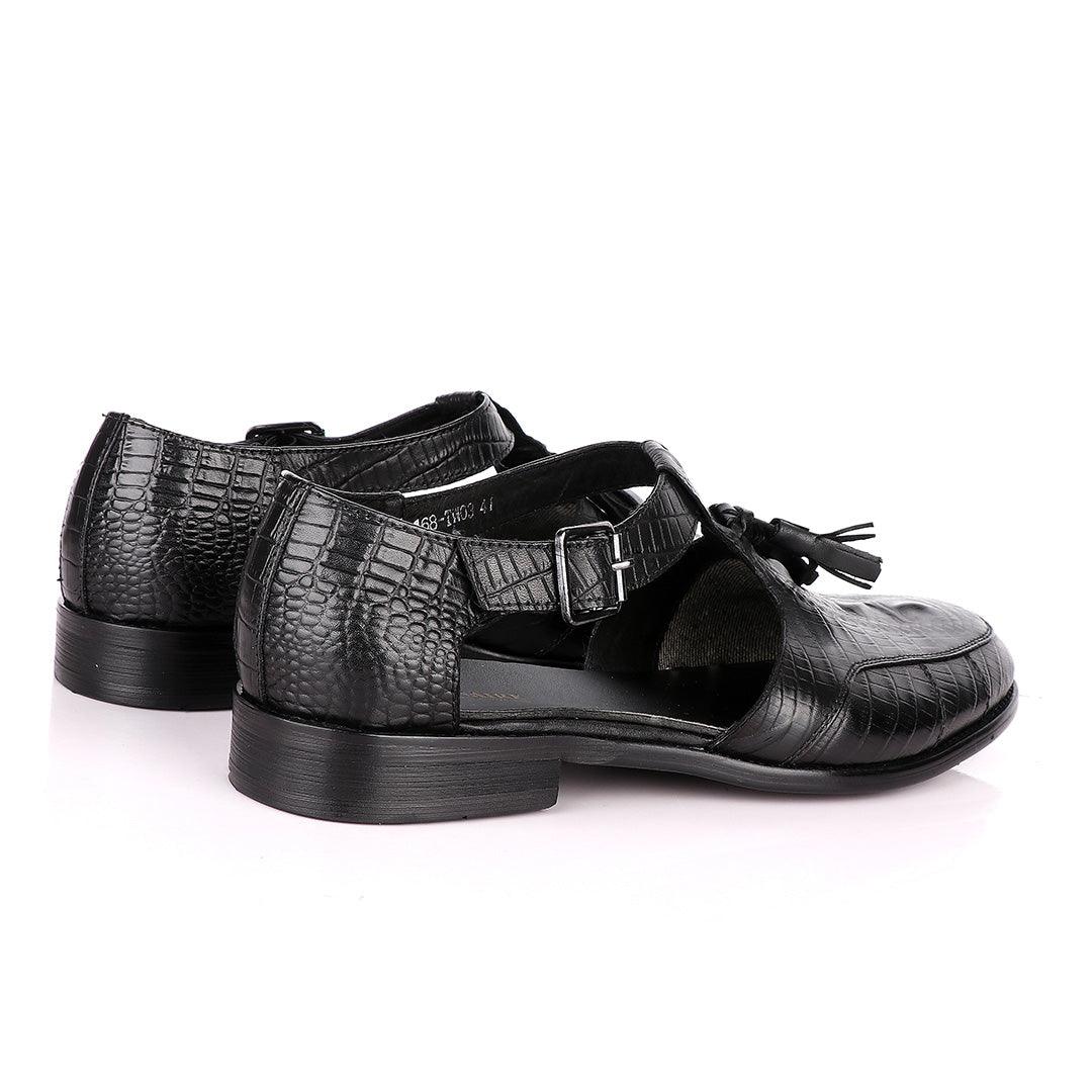 Billionaire Exotic Black Croc with Tassel Cover Leather Sandal - Obeezi
