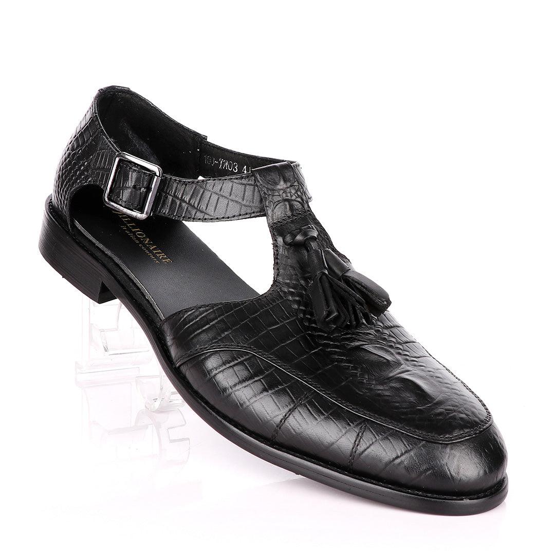Billionaire Exotic Black Croc with Tassel Cover Leather Sandal - Obeezi