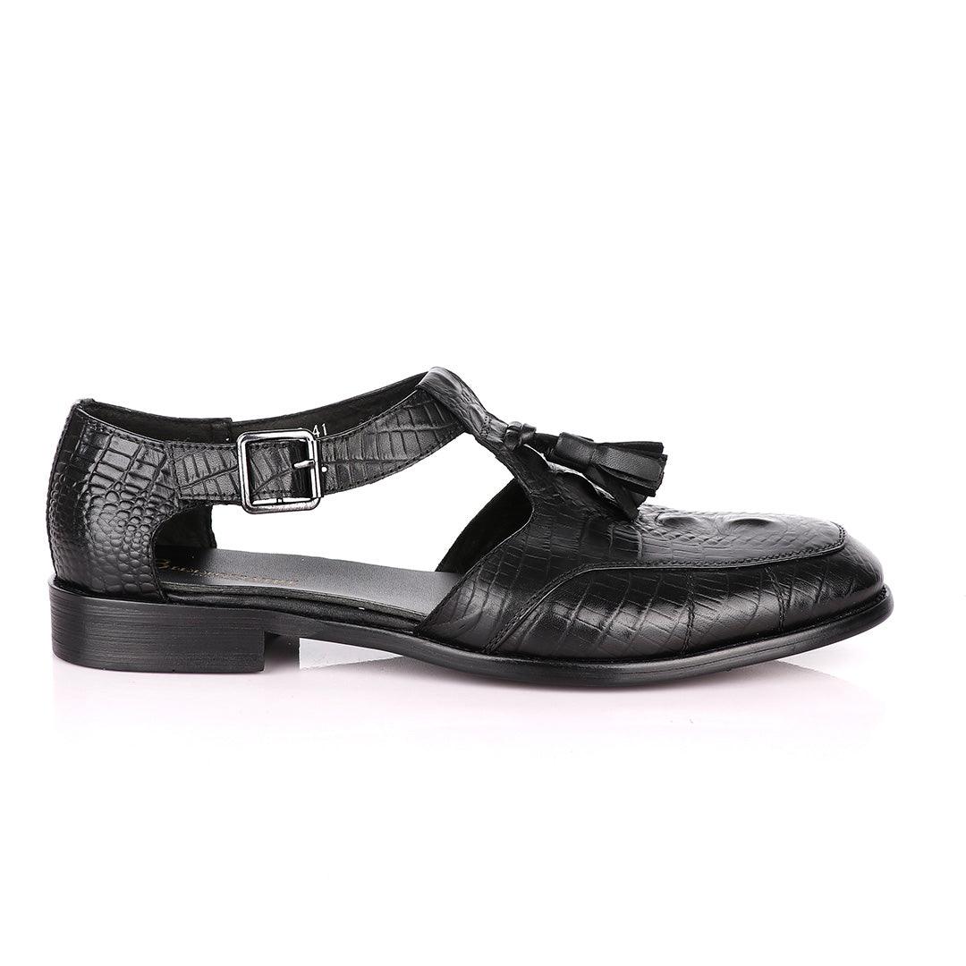 Billionaire Exotic Black Croc with Tassel Cover Leather Sandal - Obeezi