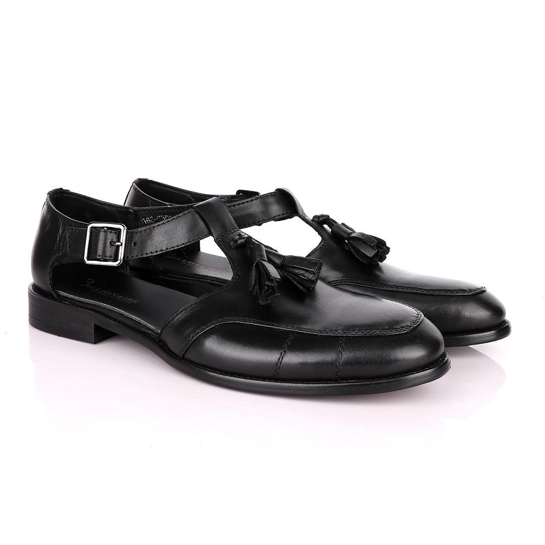 Billionaire Exotic Black Plain with Tassel Cover Leather Sandal - Obeezi