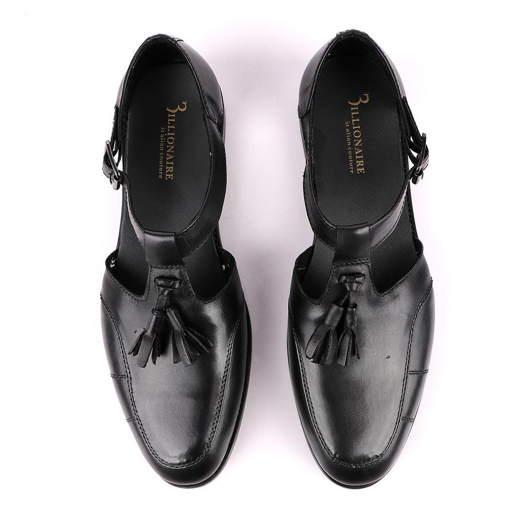 Billionaire Exotic Black Plain with Tassel Cover Leather Sandal - Obeezi