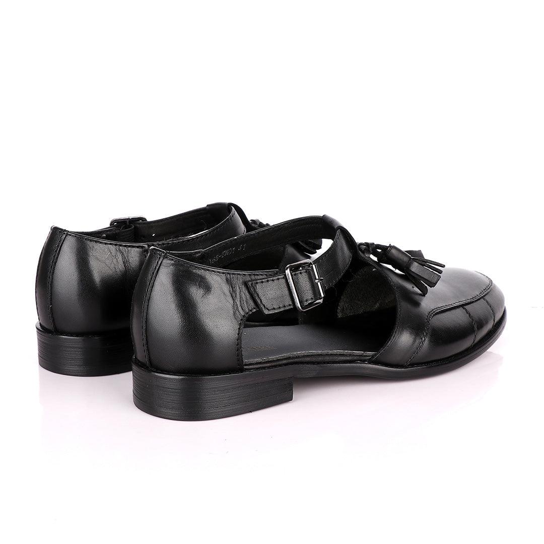 Billionaire Exotic Black Plain with Tassel Cover Leather Sandal - Obeezi