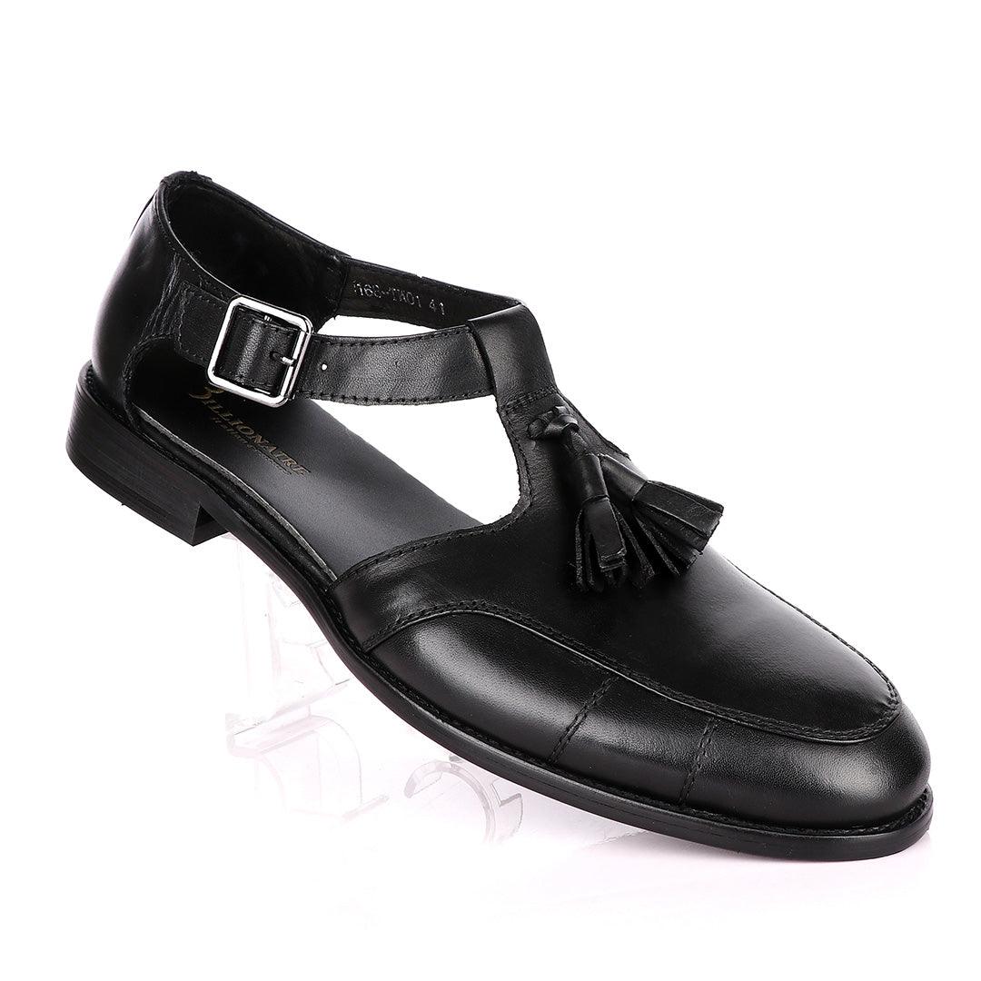Billionaire Exotic Black Plain with Tassel Cover Leather Sandal - Obeezi