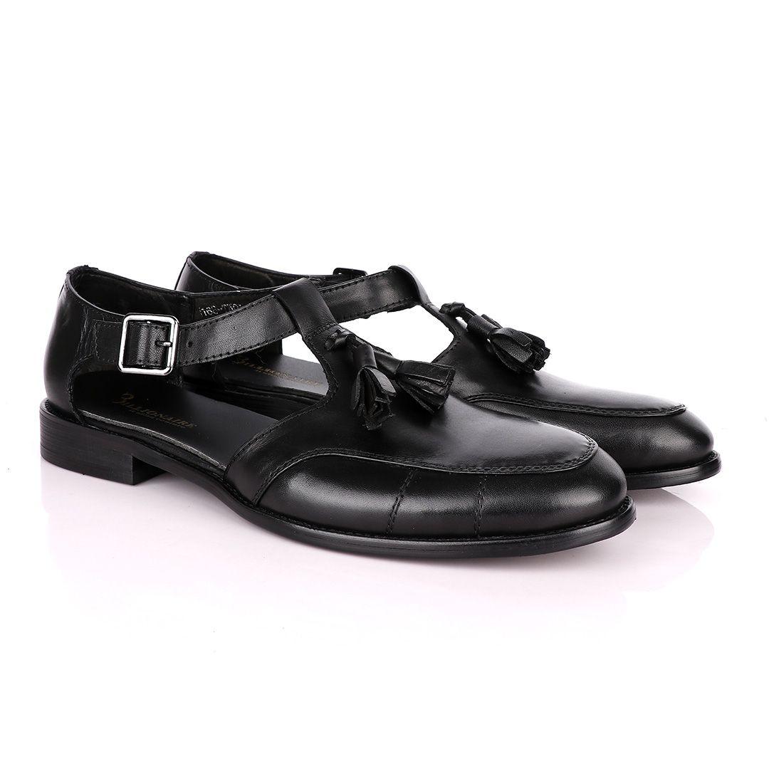 Billionaire Exotic Black Plain with Tassel Cover Leather Sandal - Obeezi
