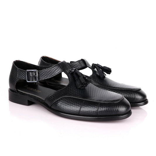 Billionaire Exotic Black Weaven Deep Blue with Tassel Cover Leather Sandal - Obeezi