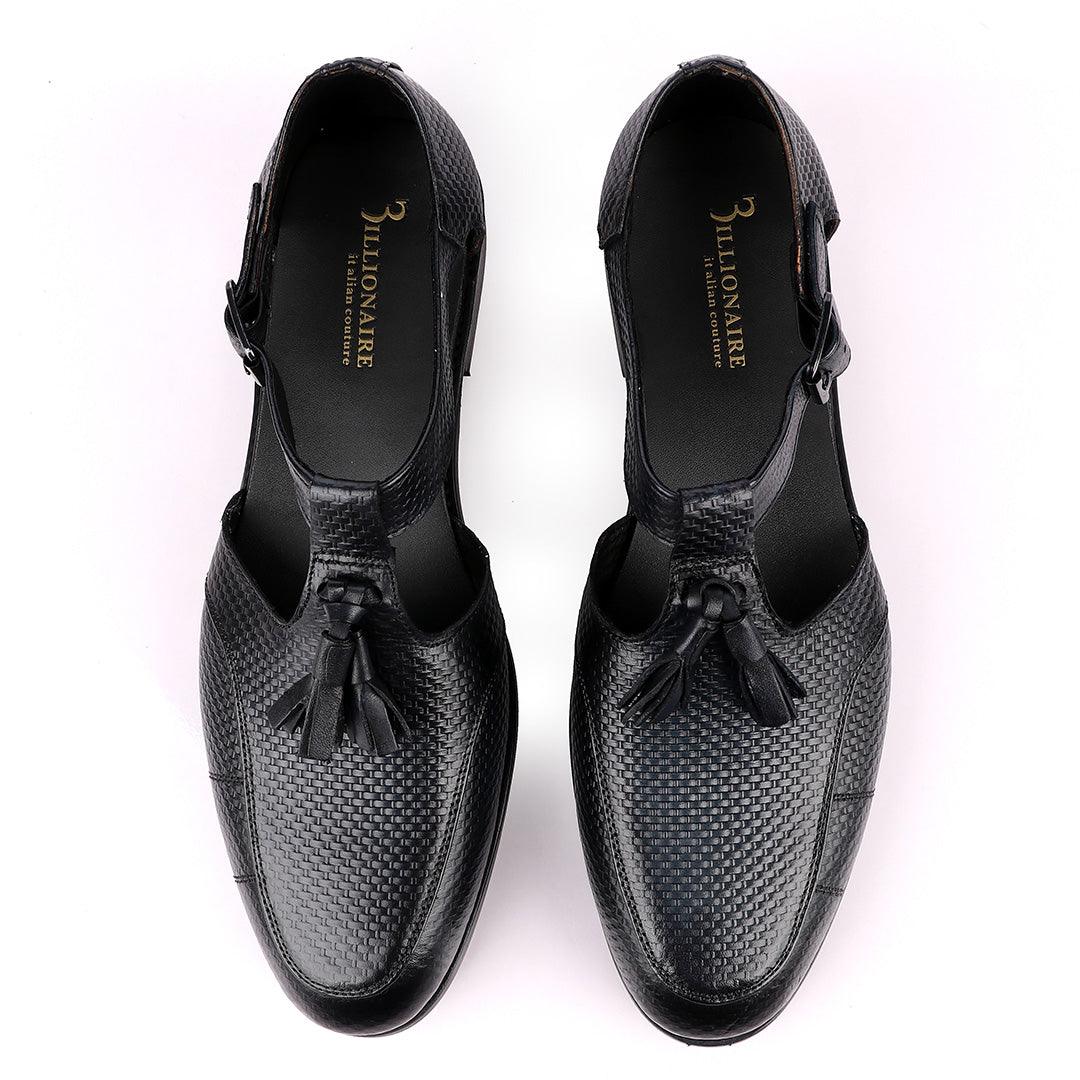 Billionaire Exotic Black Weaven Deep Blue with Tassel Cover Leather Sandal - Obeezi