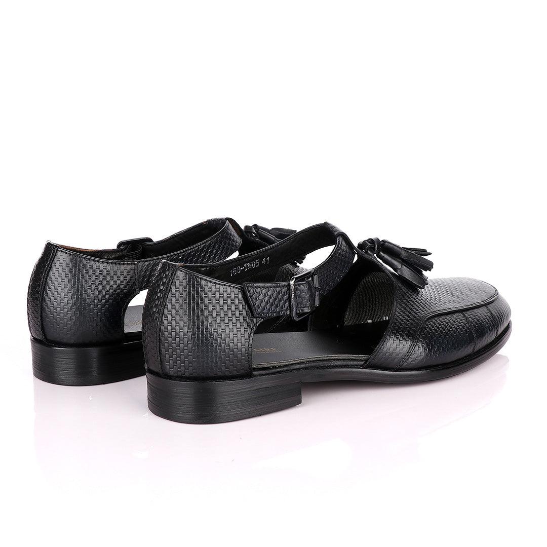 Billionaire Exotic Black Weaven Deep Blue with Tassel Cover Leather Sandal - Obeezi
