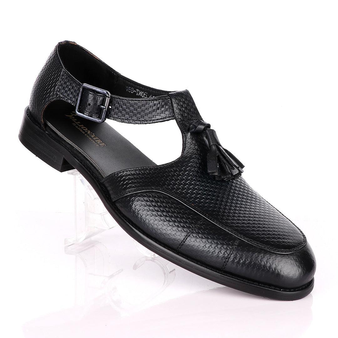 Billionaire Exotic Black Weaven Deep Blue with Tassel Cover Leather Sandal - Obeezi