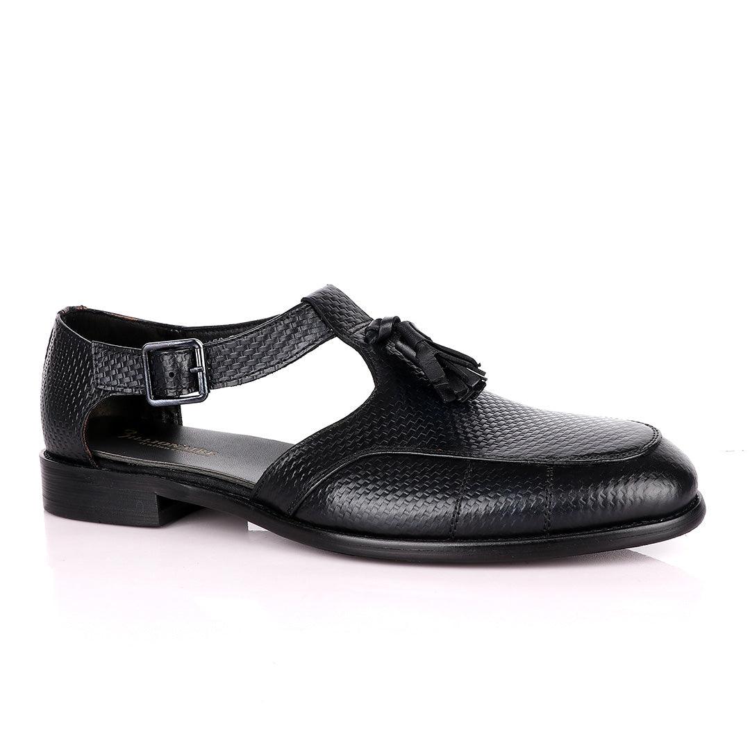 Billionaire Exotic Black Weaven Deep Blue with Tassel Cover Leather Sandal - Obeezi
