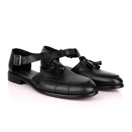 Billionaire Exotic Black Weaven with Tassel Cover Leather Sandal - Obeezi