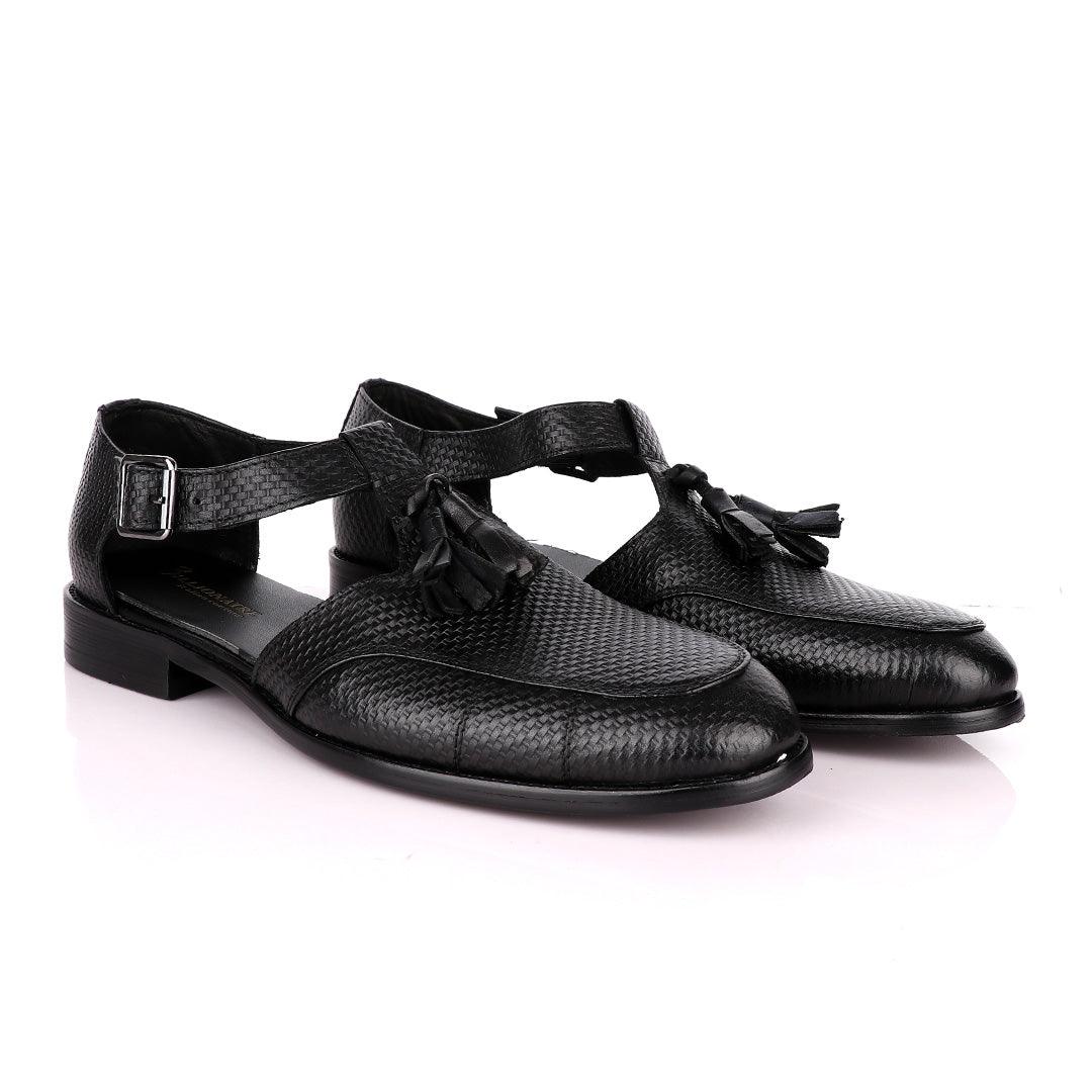 Billionaire Exotic Black Weaven with Tassel Cover Leather Sandal - Obeezi
