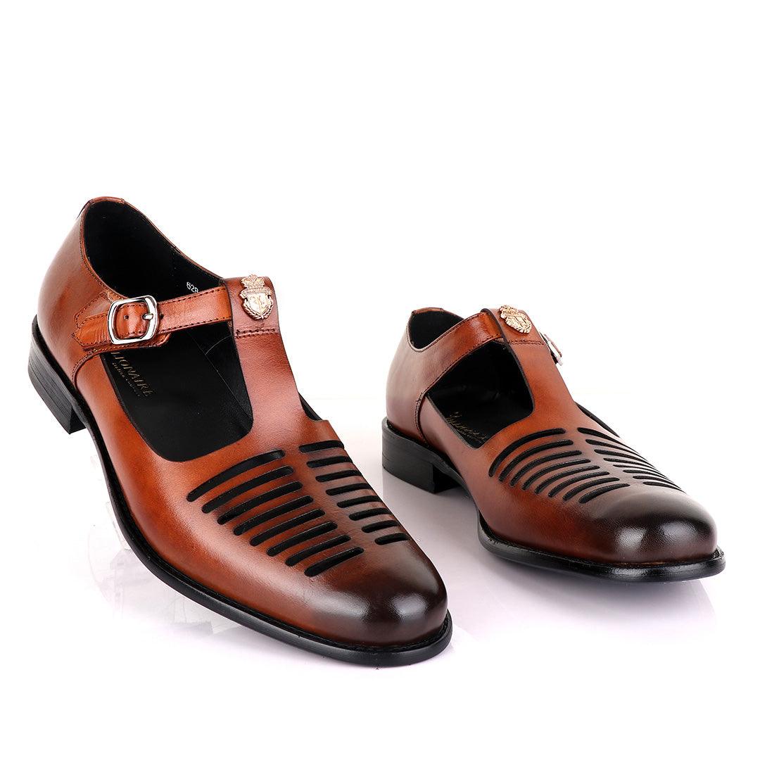 Billionaire Exotic Brown Open Pattern Cover Leather Shoe - Obeezi