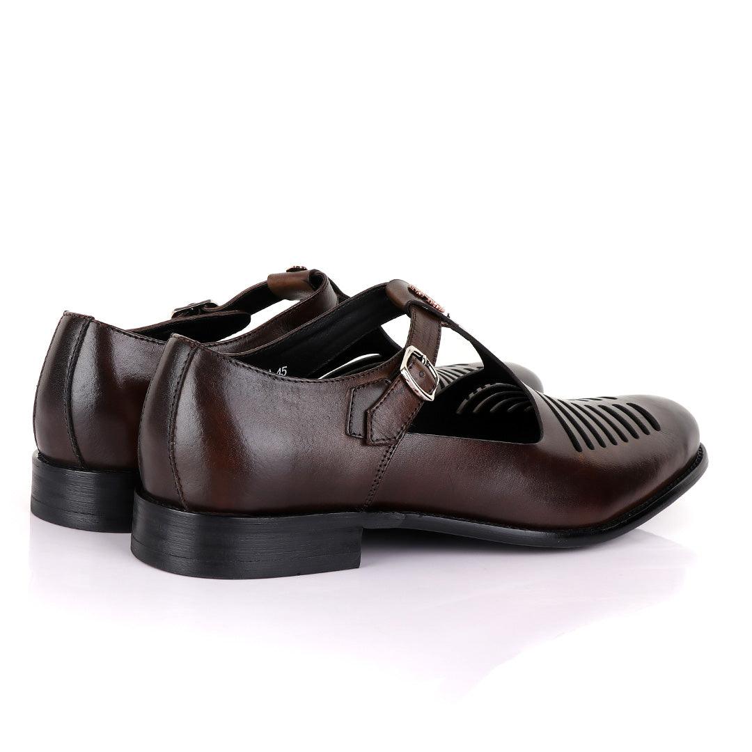 Billionaire Exotic Coffee Open Pattern Cover Leather Shoe - Obeezi