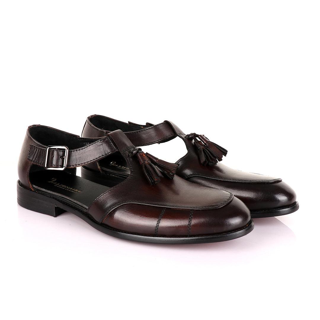 Billionaire Exotic Coffee Plain with Tassel Cover Leather Sandal - Obeezi