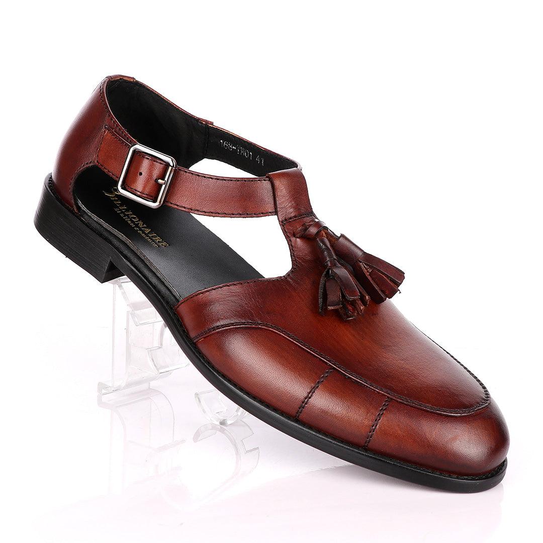 Billionaire Exotic Plain Brown with Tassel Cover Leather Sandal - Obeezi