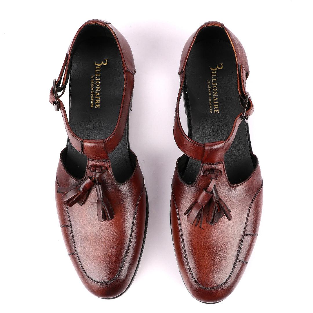 Billionaire Exotic Plain Brown with Tassel Cover Leather Sandal - Obeezi