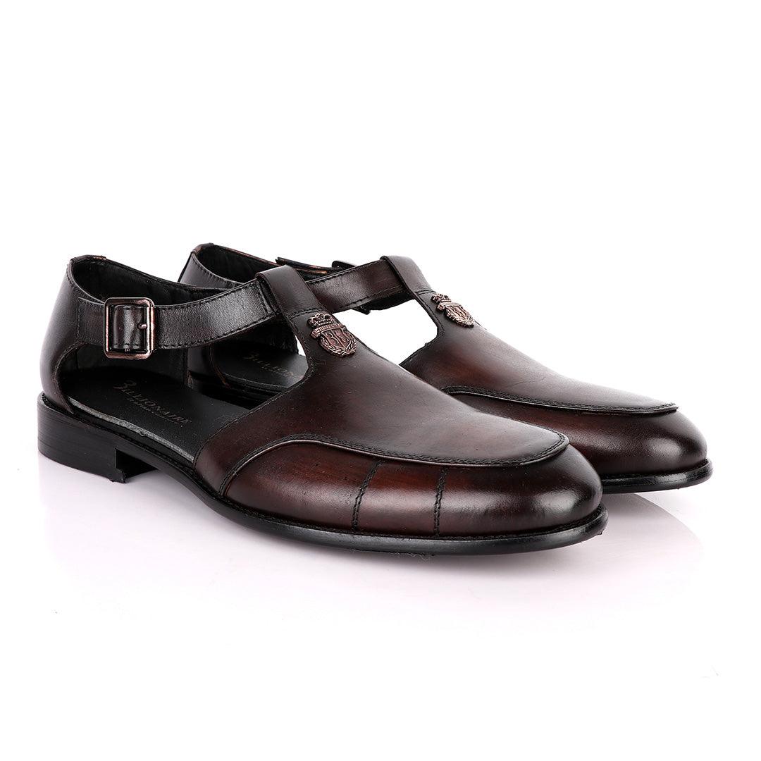 Billionaire Logo Head Coffee Plain Leather Sandal Shoe - Obeezi