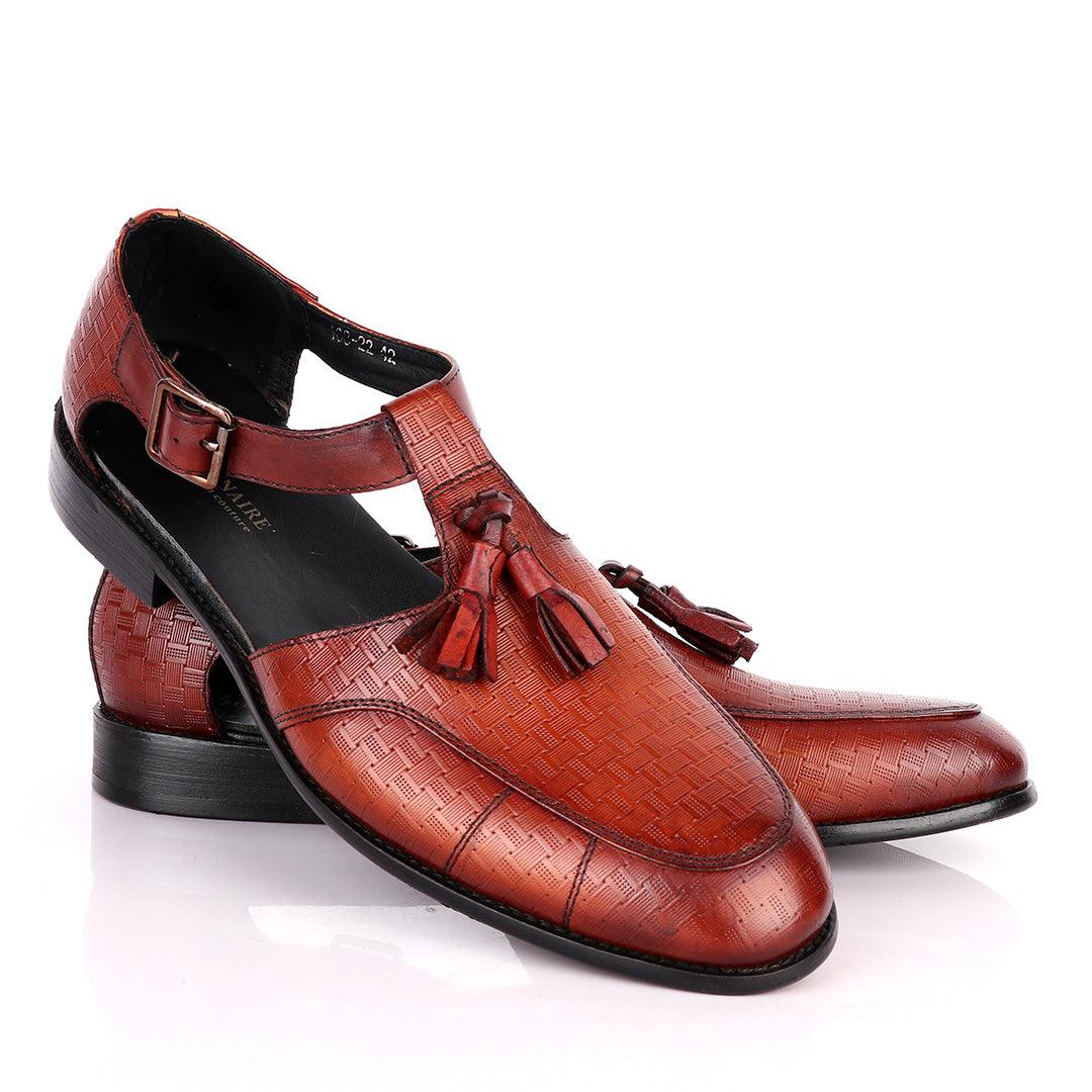 Billionaire Woven Pattern Brown Leather Sandal Shoe - Obeezi