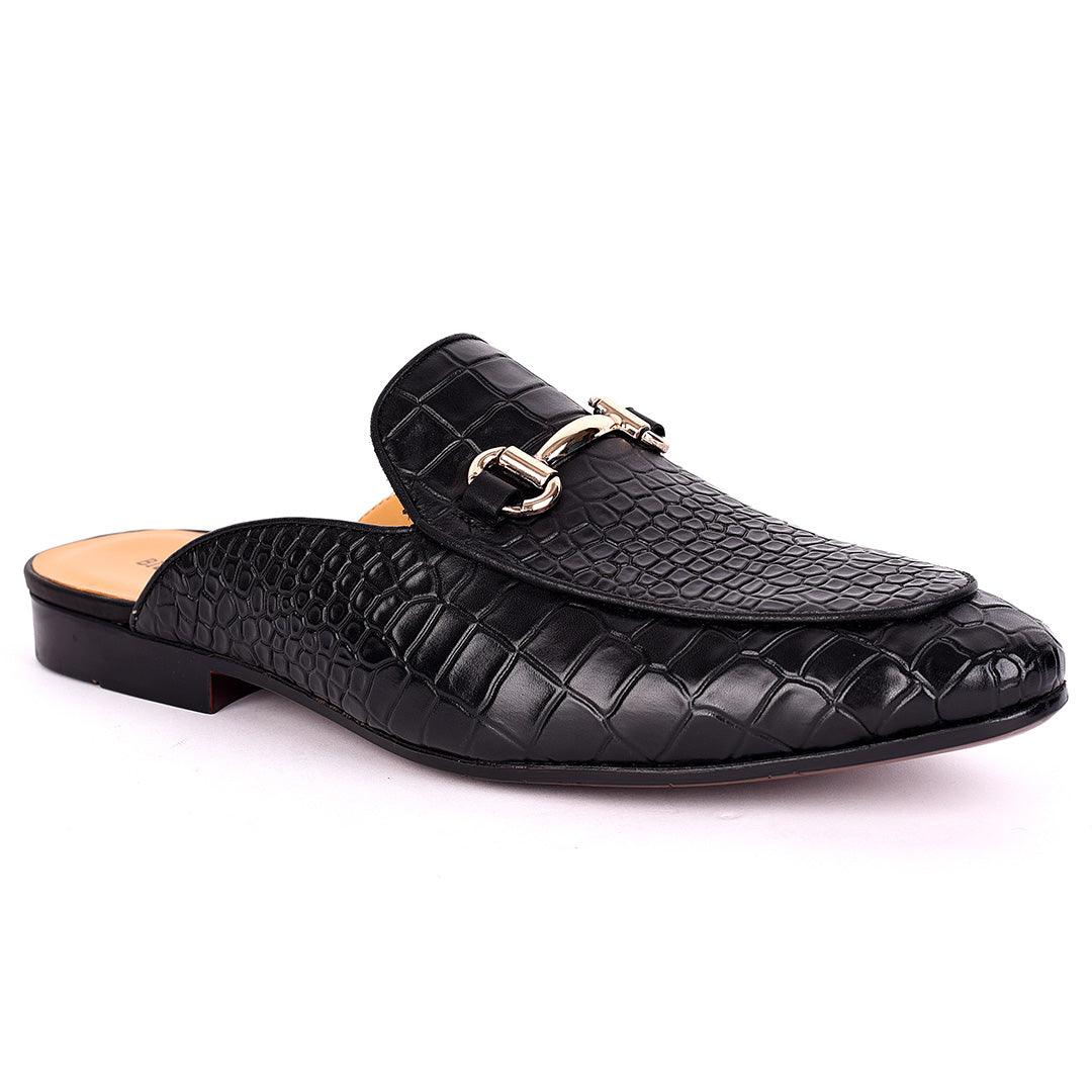 Billy Garrison Crocodile Skin Leather With Gold Chain Men's Half Shoe- Black - Obeezi.com