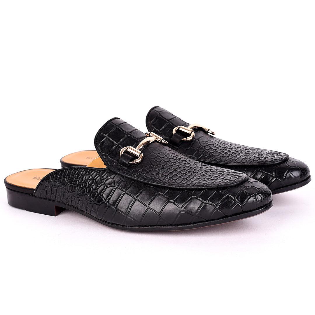 Billy Garrison Crocodile Skin Leather With Gold Chain Men's Half Shoe- Black - Obeezi.com