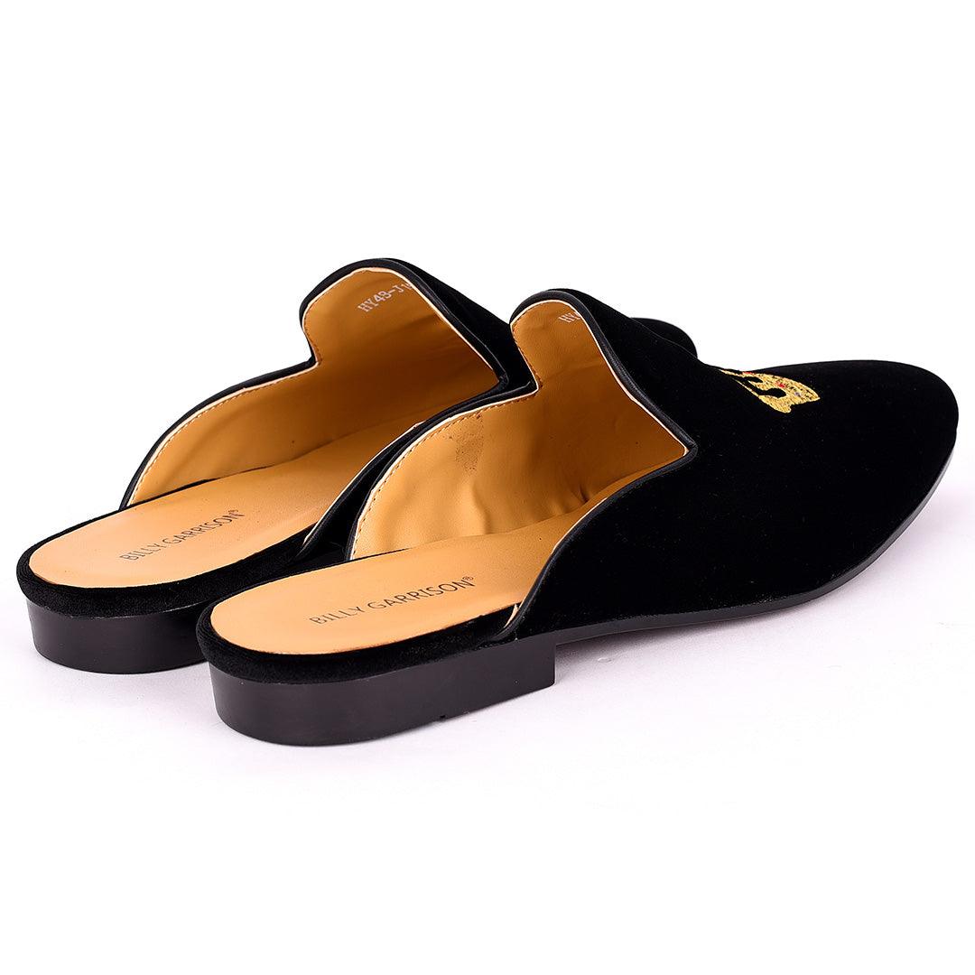 Billy Garrison Crown Embroidered Suede Leather Men's Half Shoe- Black - Obeezi.com