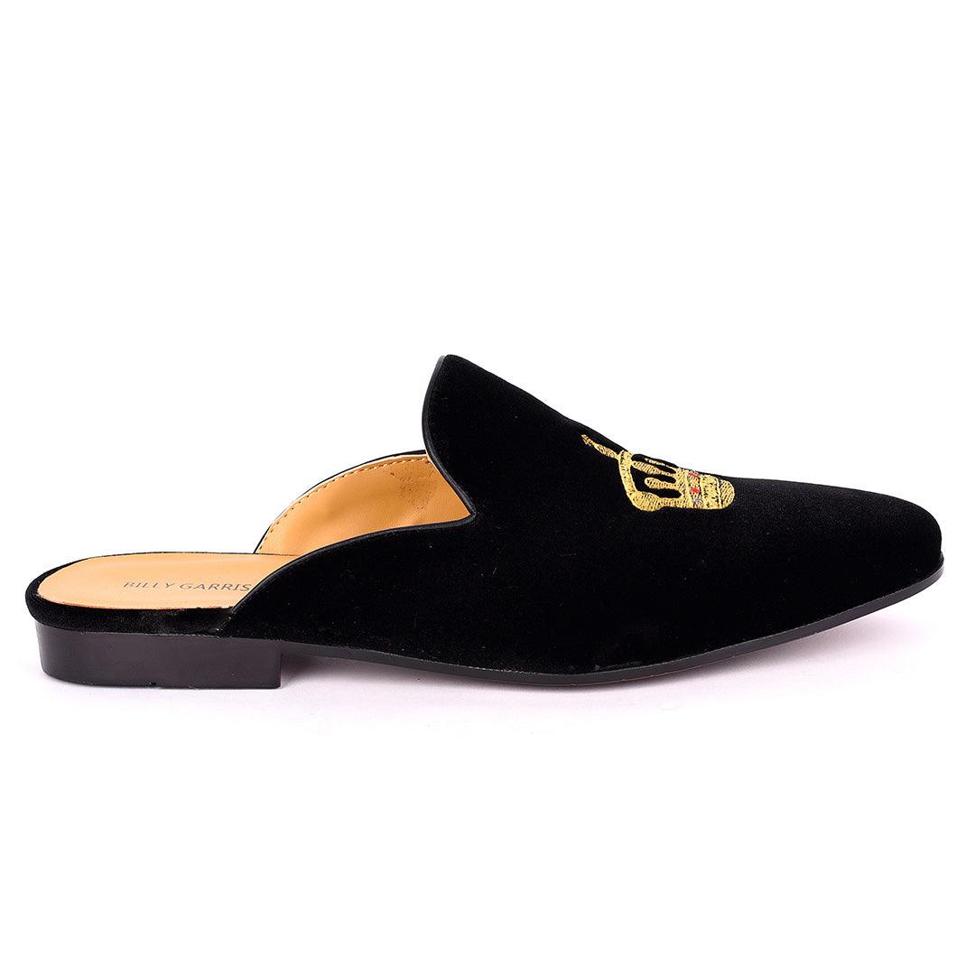 Billy Garrison Crown Embroidered Suede Leather Men's Half Shoe- Black - Obeezi.com